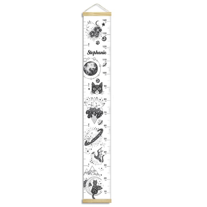 Personalized Cat Space Black and White Name Growth Chart Height Ruler For Wall