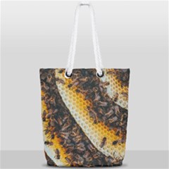 Yellow And Black Bees On Brown And Black Full Print Rope Handle Tote (small)