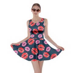 Lips Kiss Dark Steel Blue Polka Dots Skater Dress