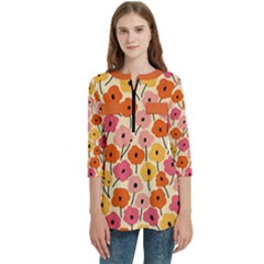 Floral Pattern Shawl Women s Zip Front V-neck 3/4 Sleeve Casual Top Pocket Shirt