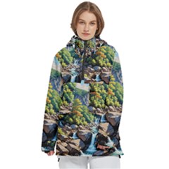 Serene Mountain Waterfall Landscape Women s Pullover Zip Ski And Snowboard Waterproof Breathable Jacket