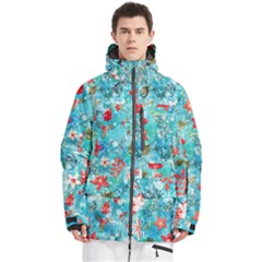Snowy Winter Foliage, Adoxali, Christmas, Berry, Blue Men s Multi Pockets Zip Ski And Snowboard Waterproof Breathable Jacket