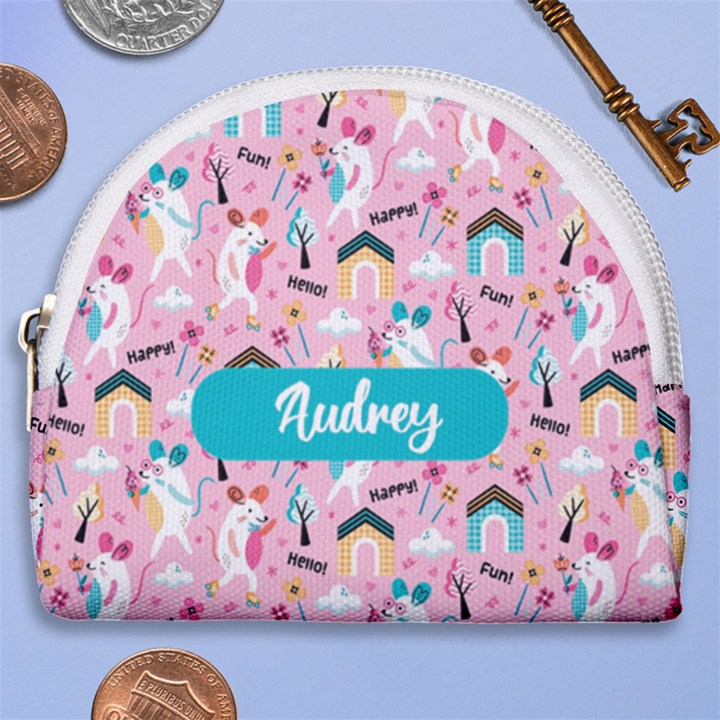 Personalized Happy Mouse Illustration Name Any Text Horseshoe Style Canvas Pouch