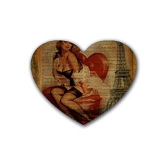 Vintage Newspaper Print Sexy Hot Gil Elvgren Pin Up Girl Paris Eiffel Tower Drink Coasters (heart)