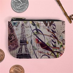 Paris Eiffel Tower Vintage Bird Butterfly French Botanical Art Coin Change Purse