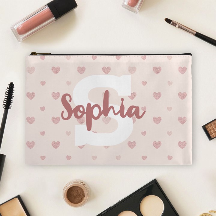 Personalized Name Monogram Heart Love Pink Cosmetic Bag (Large)