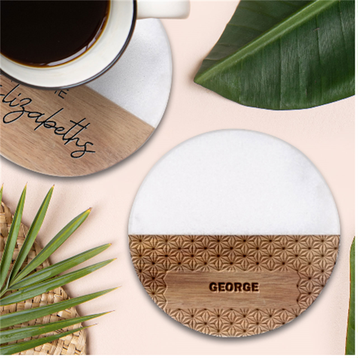 Personalized Name Classic Marble Wood Coaster (Round) 