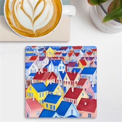 City Houses Cute Drawing Landscape Village Uv Print Square Tile Coaster 