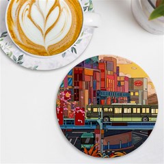 The City Style Bus Fantasy Architecture Art Uv Print Round Tile Coaster