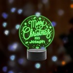 Personalized Merry Christmas Name Remote LED Acrylic Message Display (Black Round Stand)  Front
