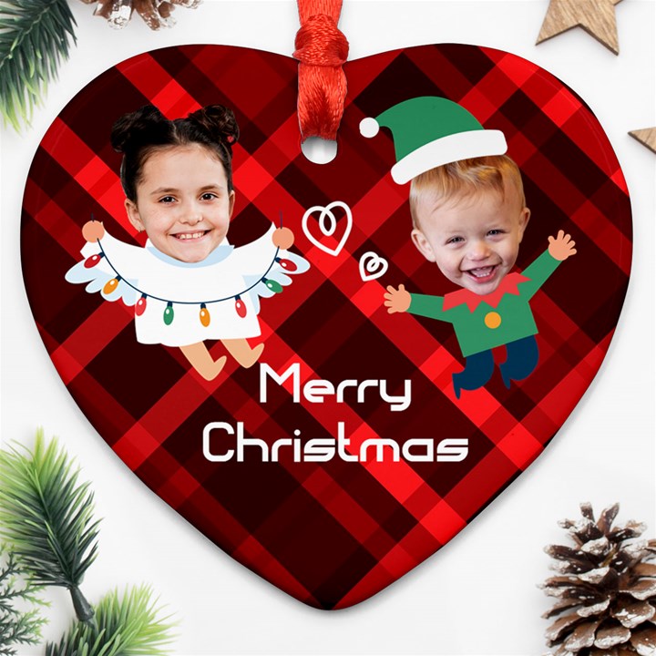 Personalized Checked Angel Elf Photo Name Heart Ornament (Two Sides) Heart Ornament (Two Sides)