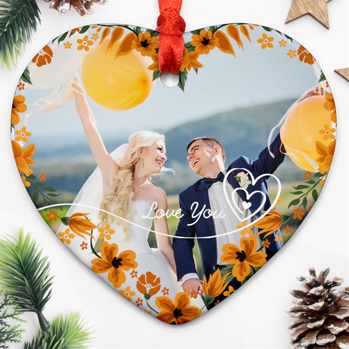 Personalized Yellow Hear Flower Frame Photo Name Heart Ornament (Two Sides) Heart Ornament (Two Sides)