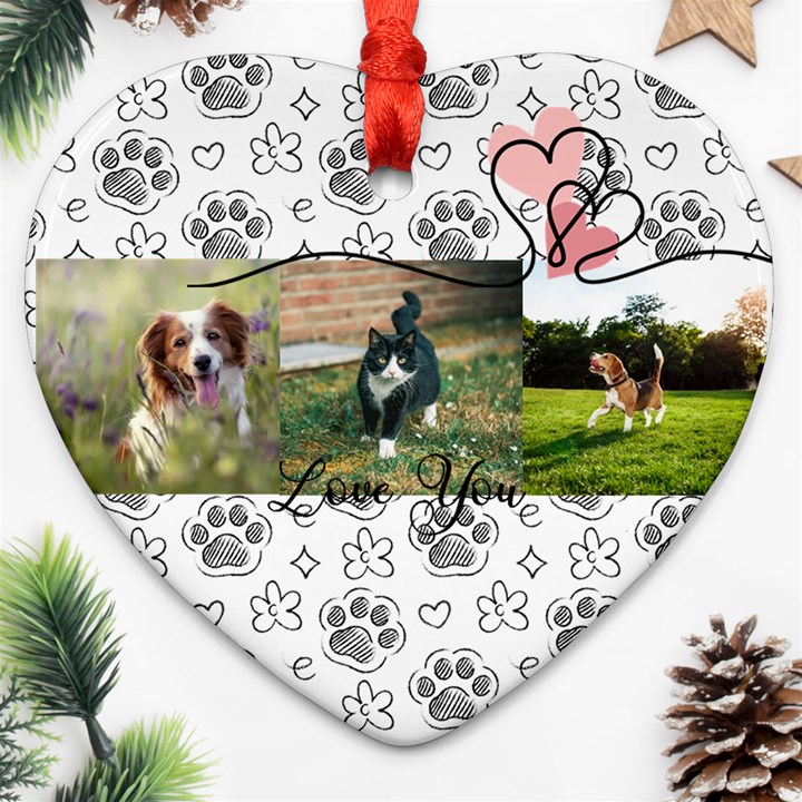 Personalized Pet Foot 3 pics Photo Name Heart Ornament (Two Sides) Heart Ornament (Two Sides)