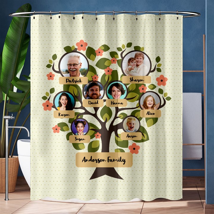 Personalized 8 Photo Family Tree Name Any Text Shower Curtain Shower Curtain 60  x 72  (Medium)