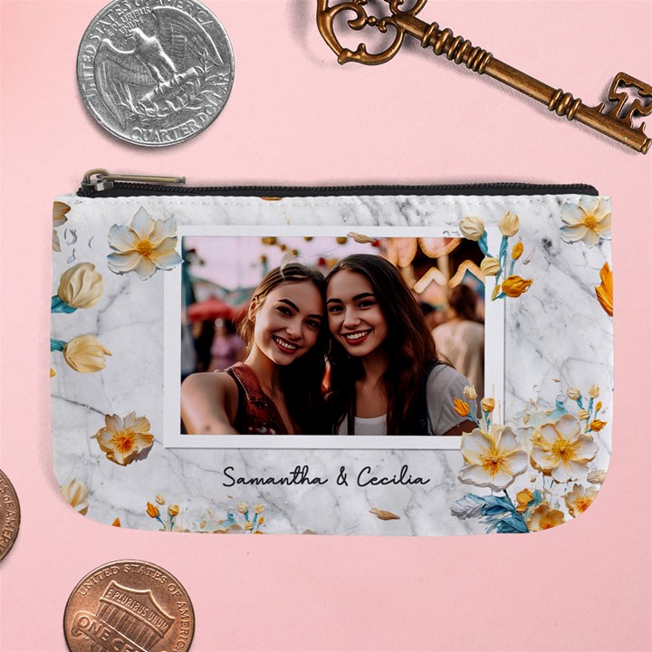 Personalized Oil Painting Floral Marble Texture Photo Name Any Text Large Coin Purse Large Coin Purse