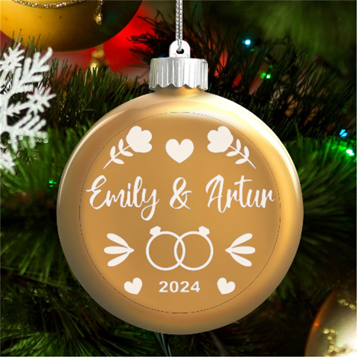 Personalized Wedding Couple Ring Name LED Glass Round Ornament