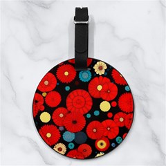 Mid Century Retro Floral 1970s 1960s Pattern 104 Nappa Leather Luggage Tag Round