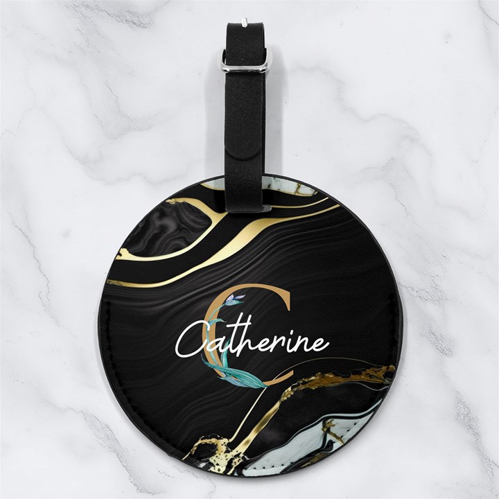 Custom Marble Initial Name Any Text Nappa Leather Luggage Tag Round