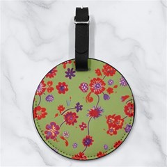 Mid Century Retro Floral 1970s 1960s Pattern 76 Nappa Leather Luggage Tag Round